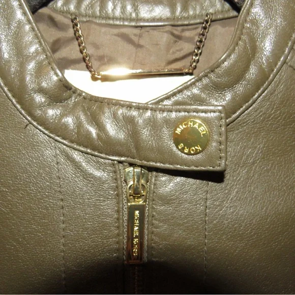 Michael Kors Green Leather Moto Jacket Fitted Cropped Design